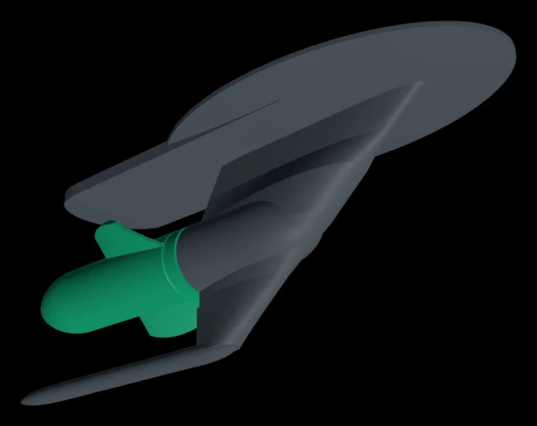 The water-speed prop, rendered from its CAD: a small rotor on a strut bonded under the hull