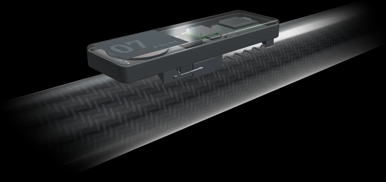 Locus One, rendered from its CAD: the pod on its cradle on a carbon paddle shaft