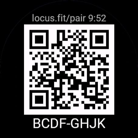 The watch's Link Account screen: a QR code, an 8-letter code and locus.fit/pair with a countdown