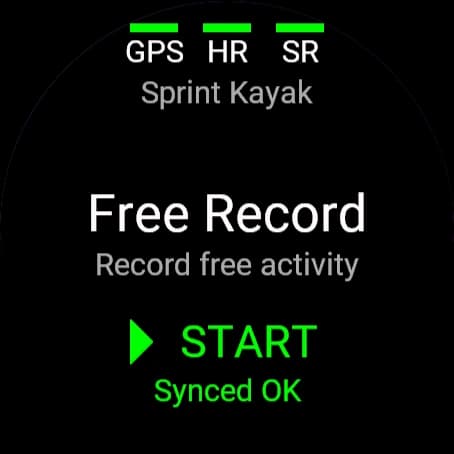The watch's start screen after a sync: Synced OK