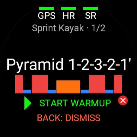 The first of today's two workouts on the watch, its pieces drawn as bars, ready to start the warmup